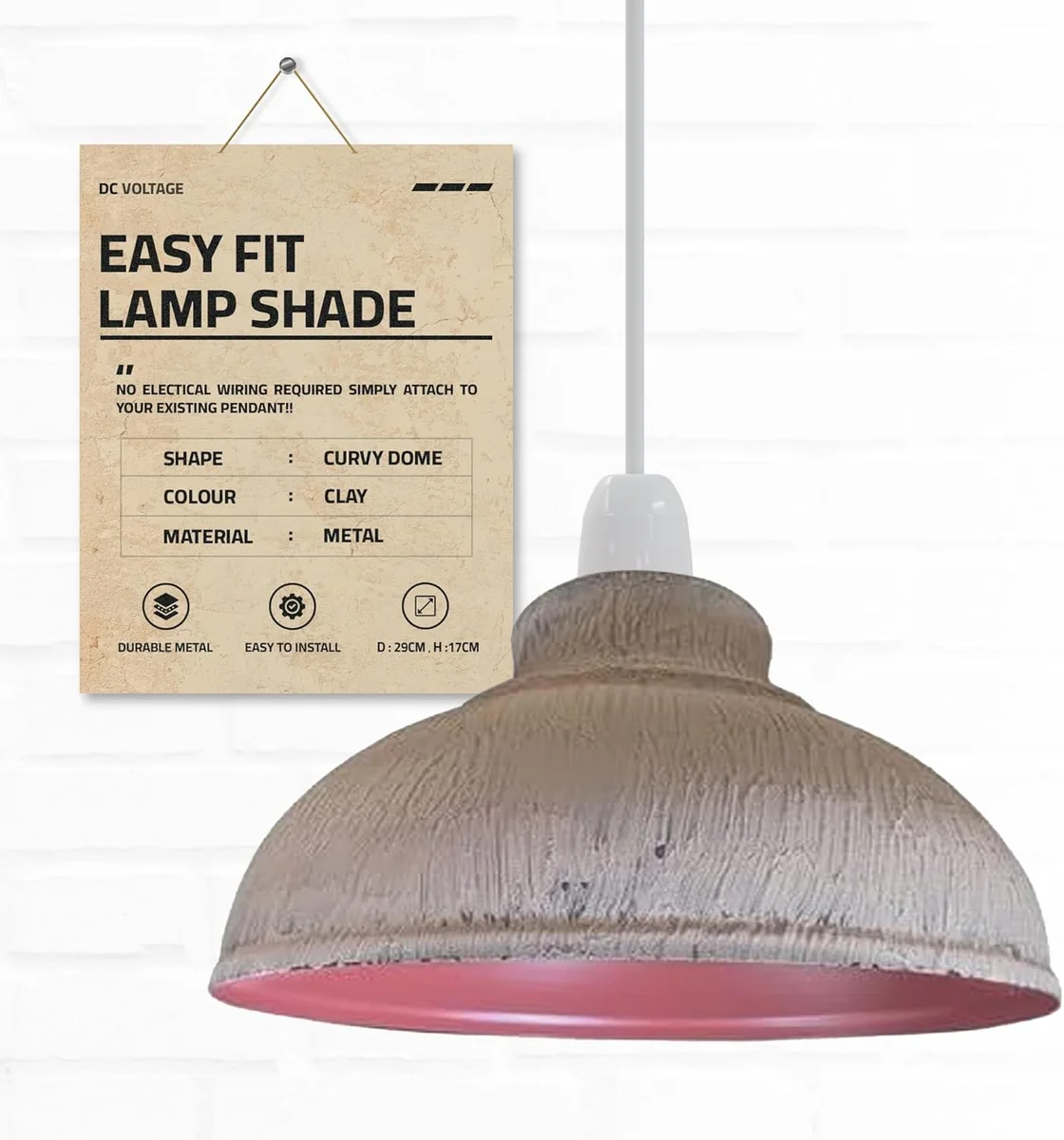 Vintage pendant light with curvy metal shade in industrial retro style, shown from side angle on white background