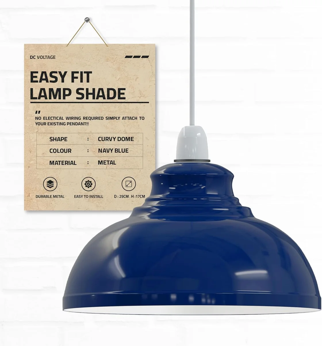Vintage pendant light with curvy metal shade in industrial retro style, suitable for E27 bulbs, shown hanging indoors