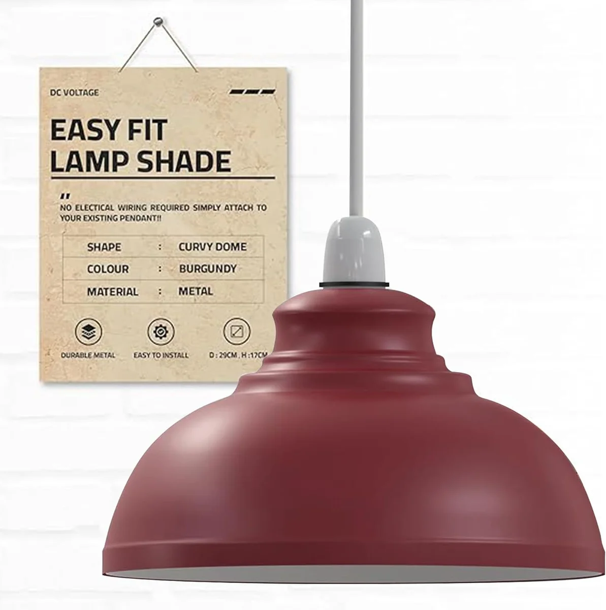 Vintage pendant light with curvy metal shade in industrial style, designed for E27 bulb fitting, shown hanging indoors