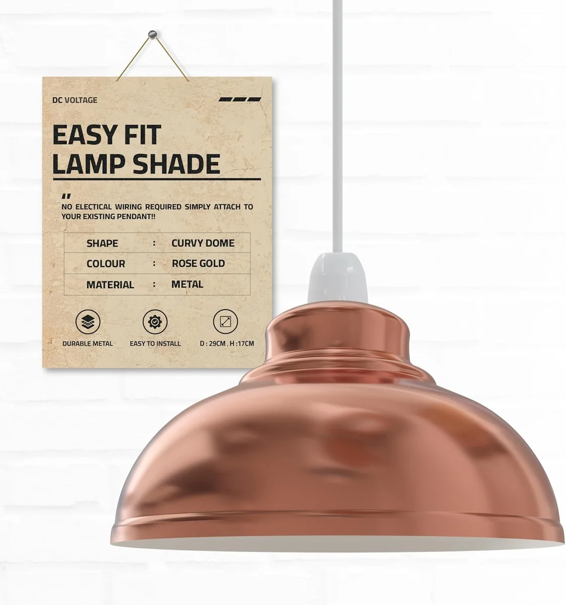Vintage pendant light with curvy metal shade, industrial design, easy-fit E27 base, 29cm length, 17cm height