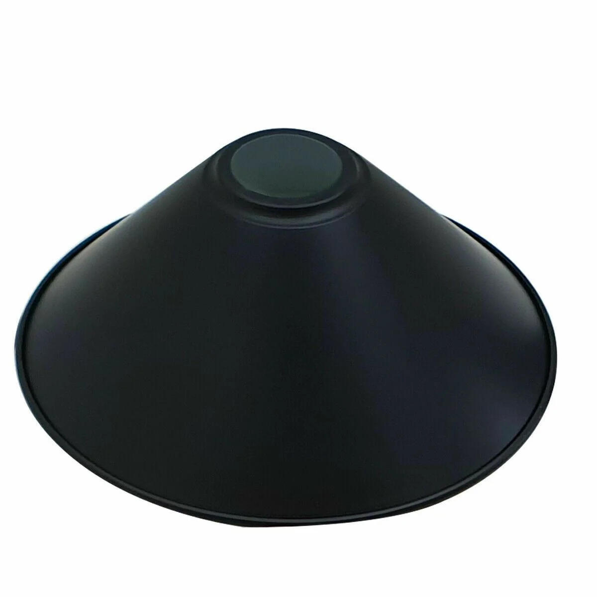 Glossy metal cone shaped lampshade with E27 fitting, shown from side angle against white background
