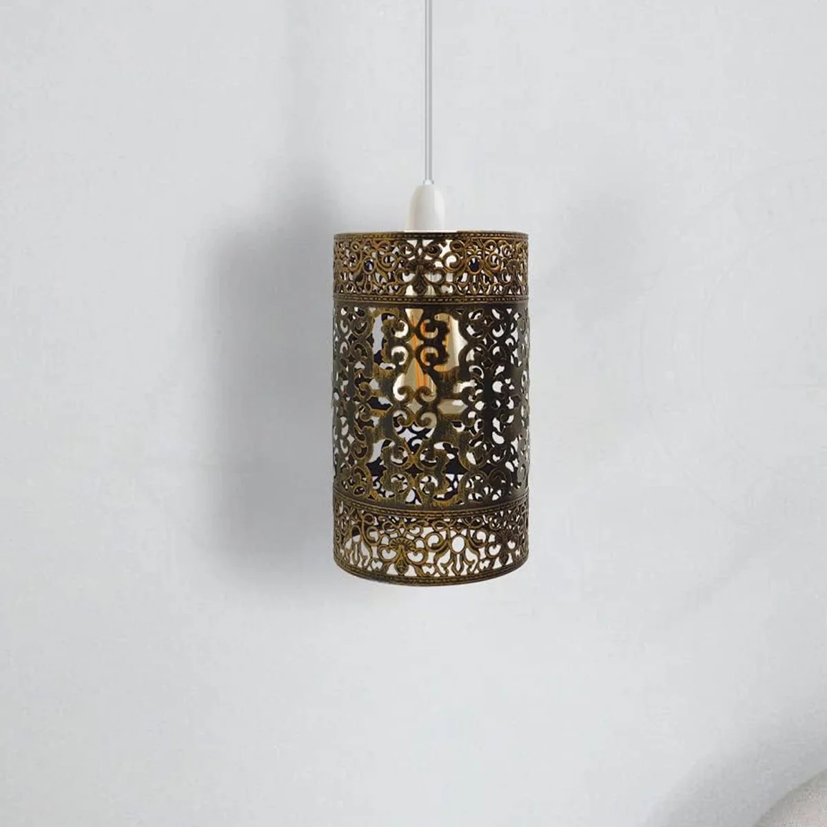 Rustic red industrial pendant ceiling light with metal bulb guard cage and 95cm cable hanging from ceiling plate