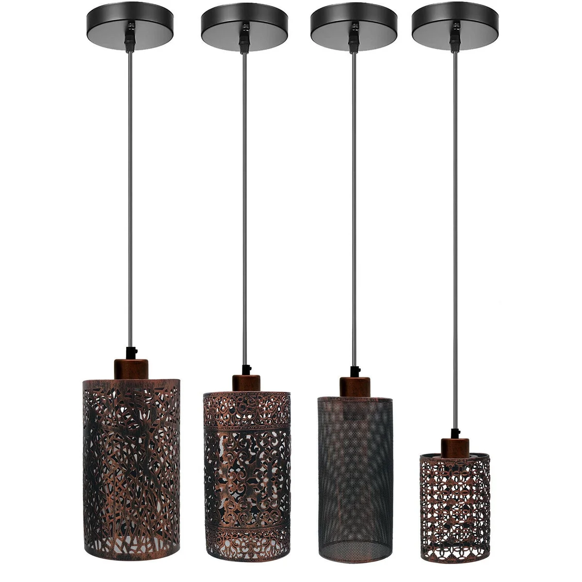 Rustic red vintage pendant lampshade with industrial metal bulb guard cage and 95cm cable hanging from ceiling plate