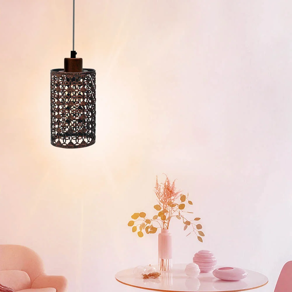 Rustic red industrial style space-saving ceiling lamp with metal bulb guard cage and 95cm cable hanging from ceiling