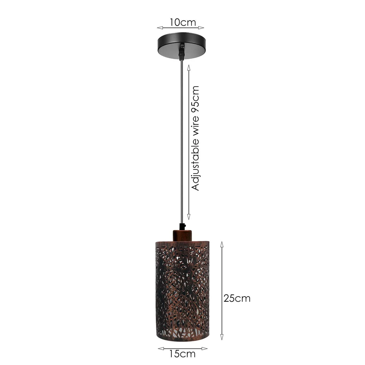 Rustic red industrial pendant lampshade with metal bulb guard cage providing soft ambient lighting in ceiling fixture