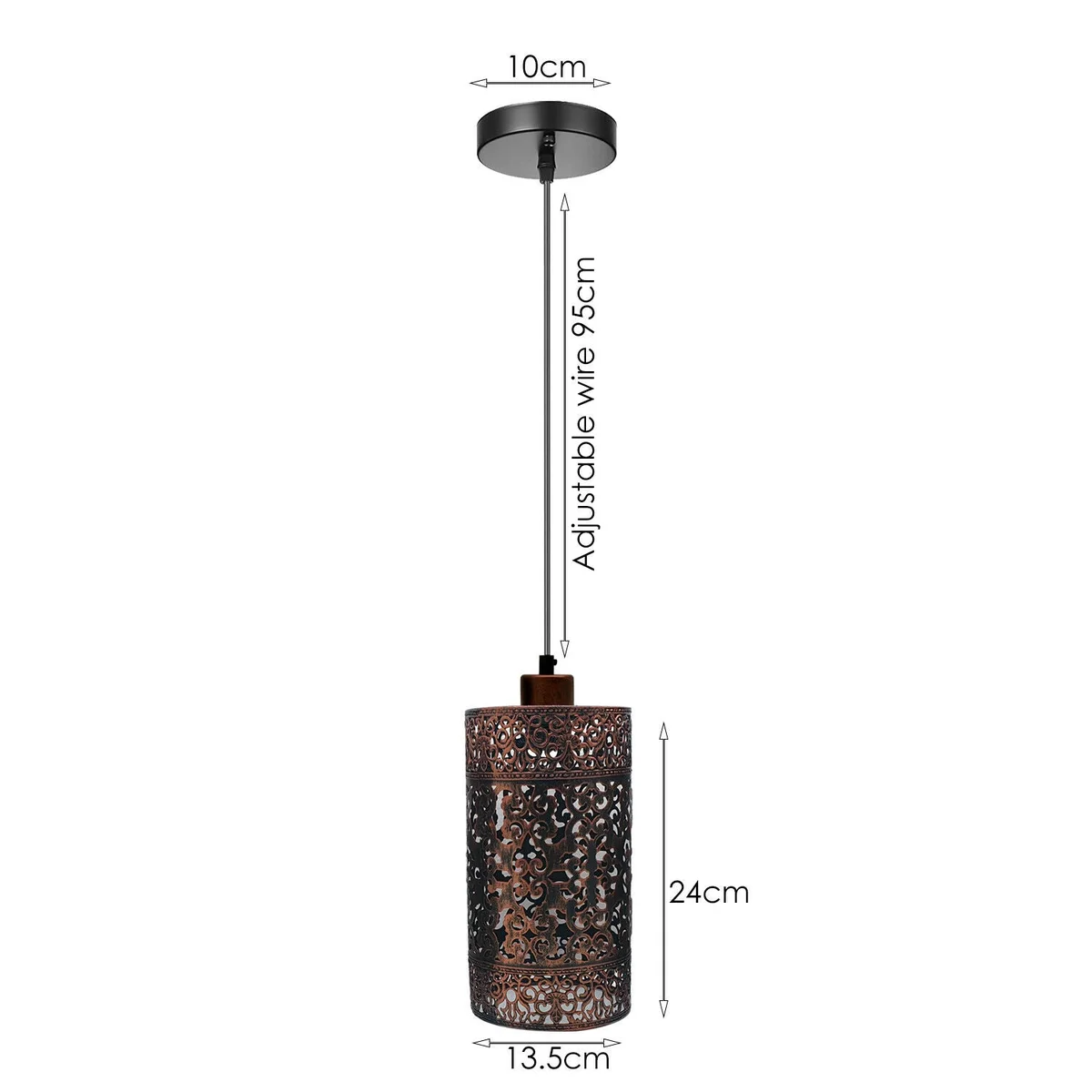 Rustic red industrial pendant ceiling light with metal cage lampshade and 95cm cable hanging from ceiling plate