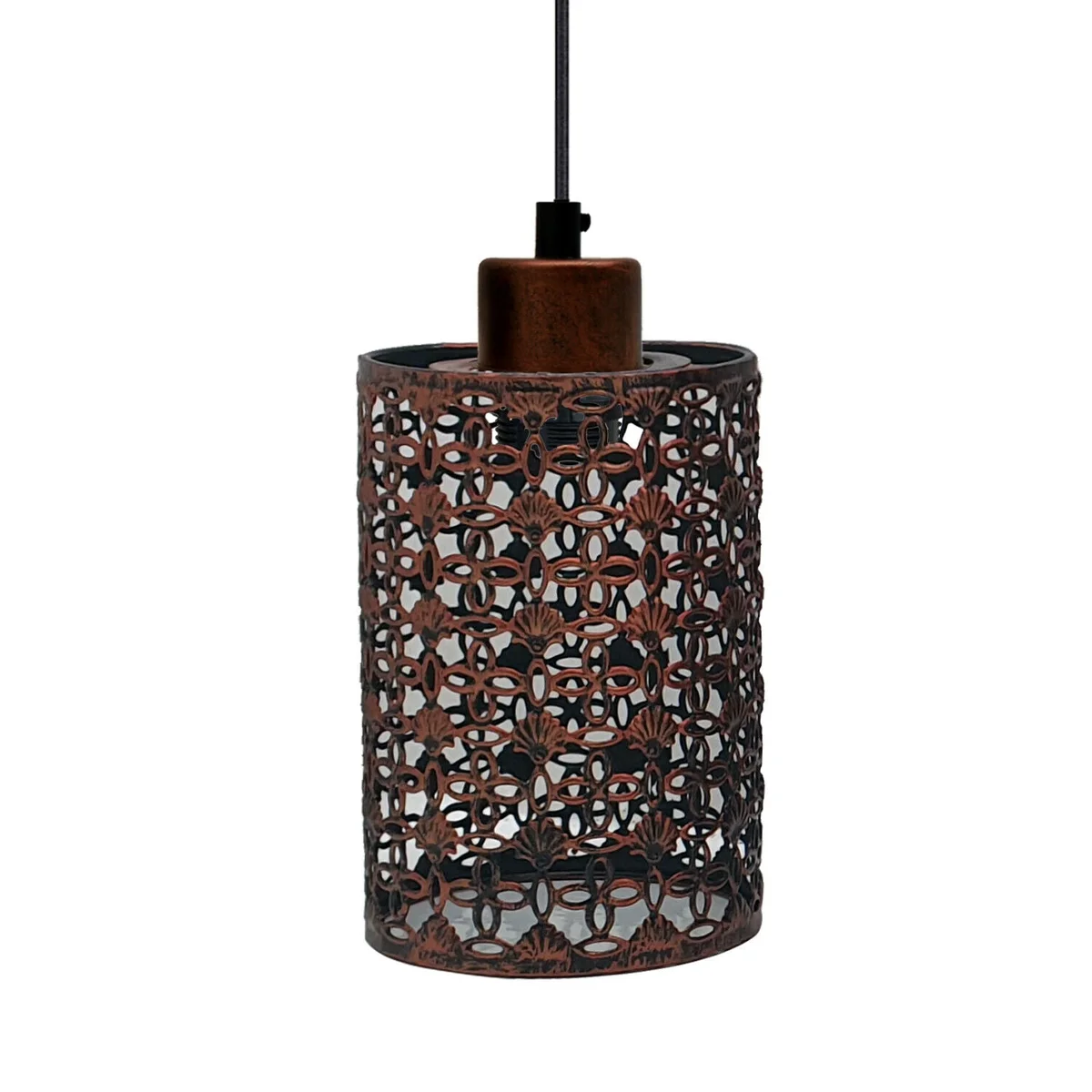 Rustic red industrial pendant ceiling light with metal bulb guard cage and 95cm cable hanging from ceiling plate