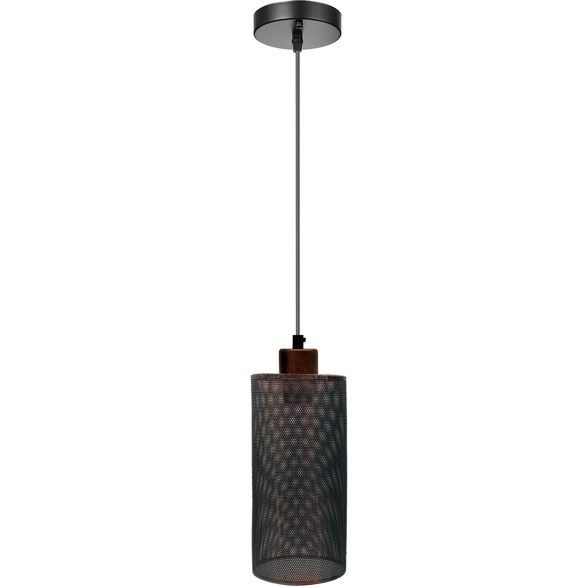 Rustic red industrial pendant ceiling light with metal bulb guard cage and 95cm cable hanging from ceiling plate