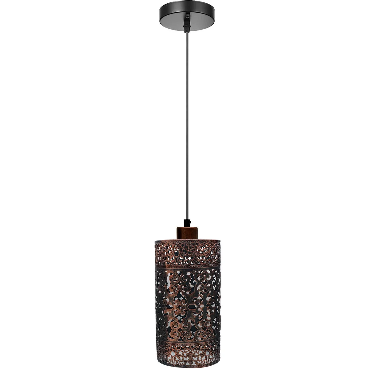 Rustic red industrial pendant ceiling light with metal bulb guard cage and 95cm cable hanging from ceiling plate