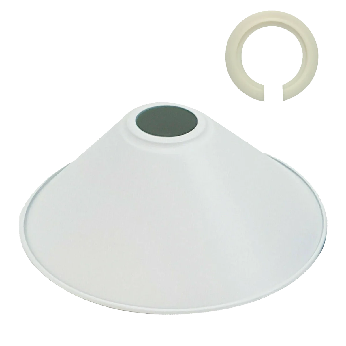 White cone-shaped iron lampshade white with easy fit design, shown mounted on a wall in industrial style setting