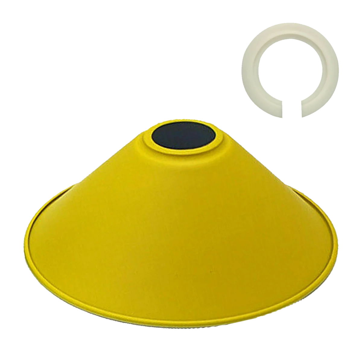 Yellow industrial style easy fit lamp shade made of metal, shown against a plain background
