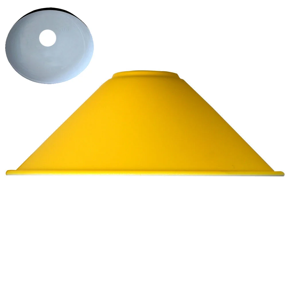 Modern iron lampshade yellow with easy fit design, industrial style, shown mounted on a wall in a living room setting