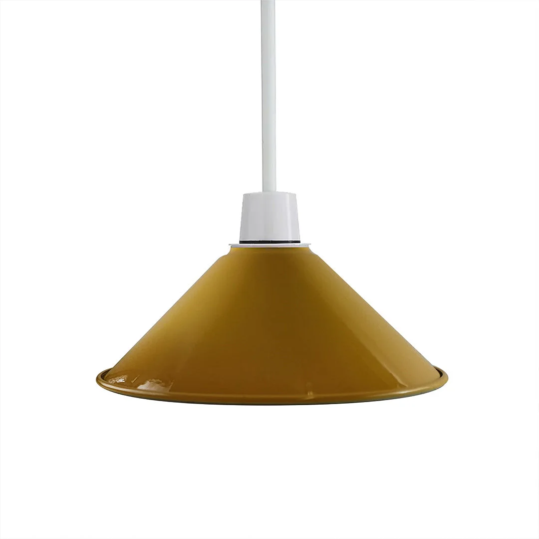 Yellow modern metal lampshade with easy fit design, industrial style, shown mounted on wall in home setting