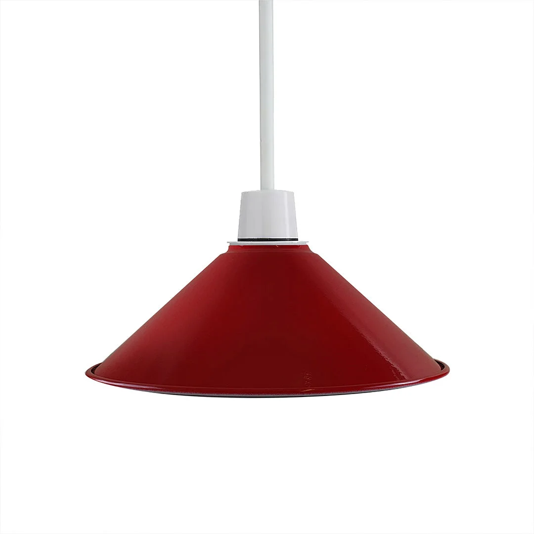 Red 22cm iron metal lampshade with easy fit design, white interior, shown from side angle on white background