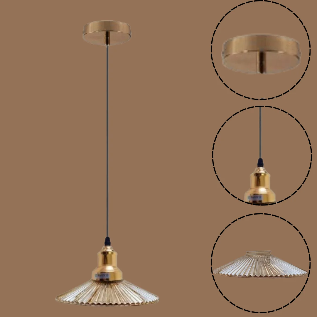 Amber flat-shaped glass shade E27 pendant lamp with black metal fixture and 95cm PVC cable hanging from ceiling