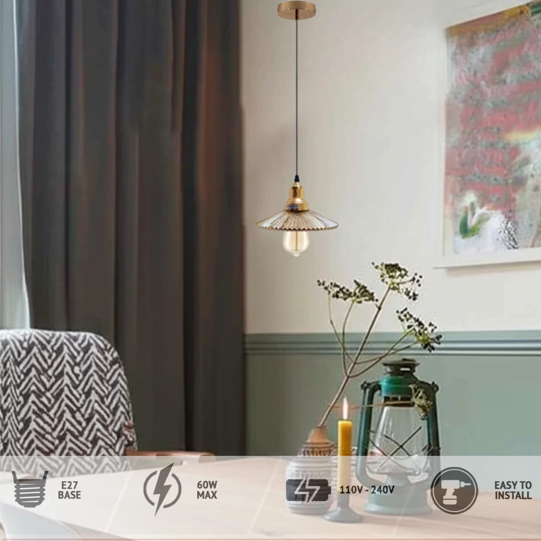 Amber flat shape glass lamp shade pendant light with black metal base and 95cm PVC cable hanging from ceiling