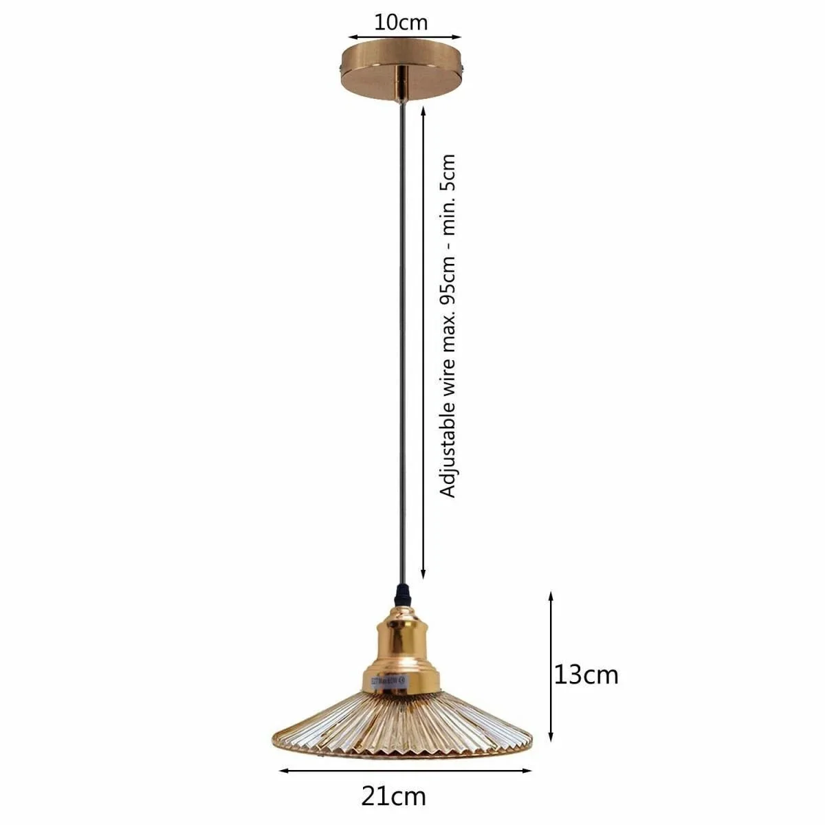 Amber flat shape ceiling light with glass shade and black metal fixture hanging from ceiling cable