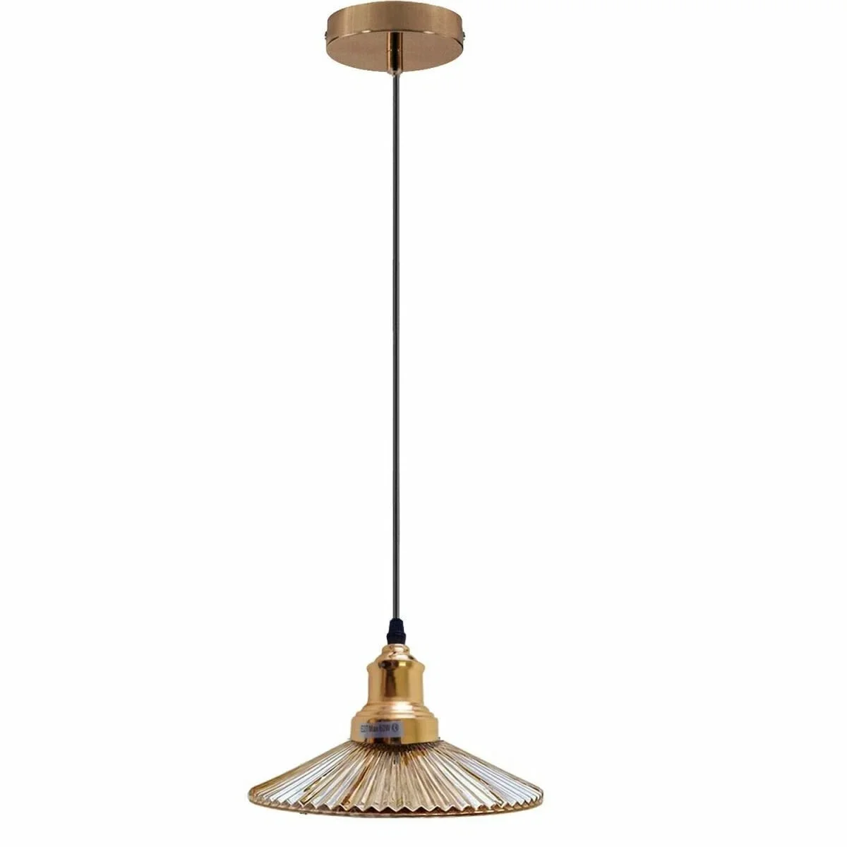 Amber flat-shaped glass metal ceiling light with black and French gold accents, hanging from a 95cm PVC cable
