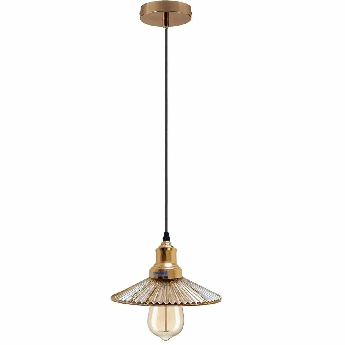 Amber glass flat-shaped pendant ceiling light with black metal base, providing warm ambient lighting for home or cafe settings