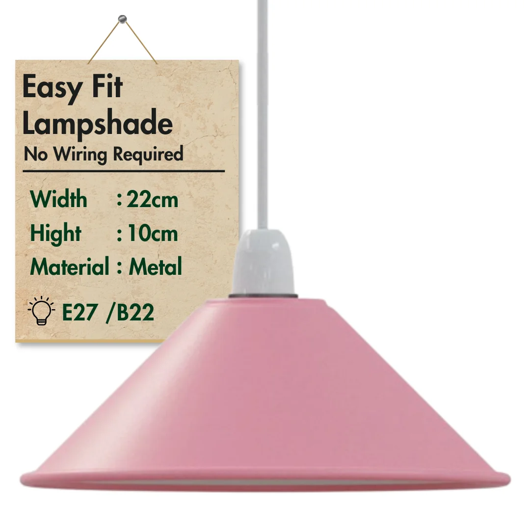 Pink metal lampshade in a cone shape with easy fit design, suitable for indoor industrial-style wall lights