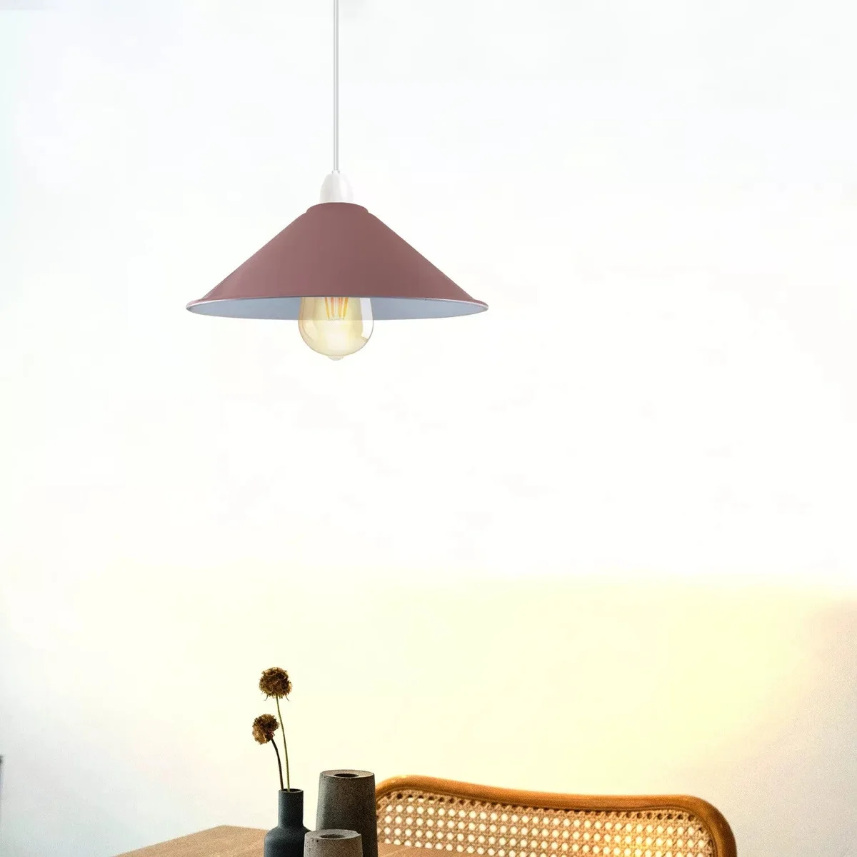 Vintage pink lampshade in cone shape made of metal, easy fit design, shown against a plain background for indoor use