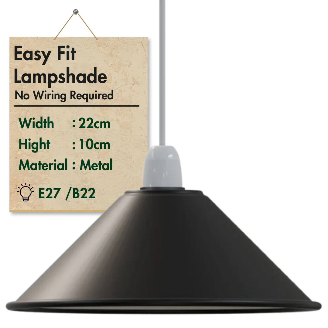 Green modern vintage light shade pendant with cone shape and easy-fit E27 base, metal construction, industrial style