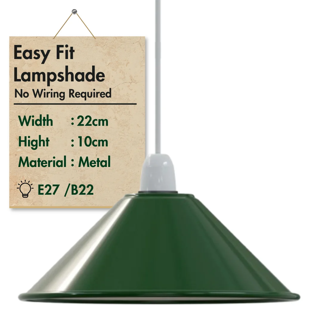 Vintage cone pendant light shade in shiny black metal with easy-fit E27 base, modern industrial design, 22cm length, 10cm height