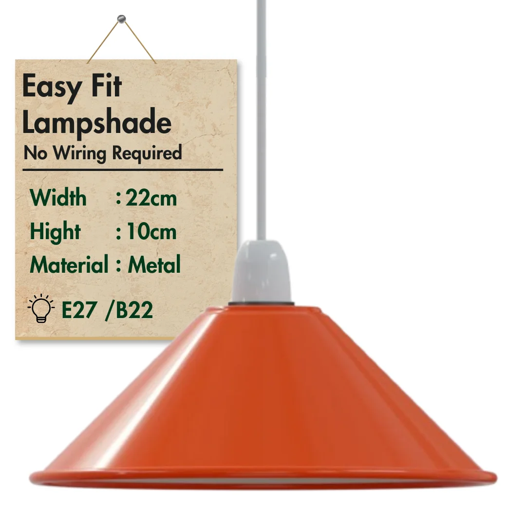 Vintage cone pendant light shade in vibrant orange metal with easy-fit E27 base, modern industrial design