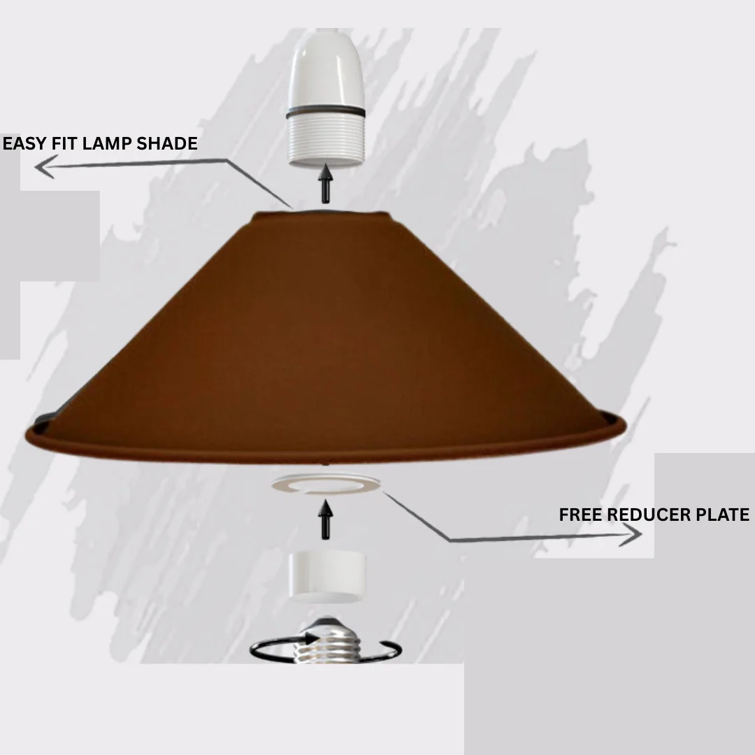 Brown cone-shaped metal lampshade with industrial style, designed for easy fit on wall outlets