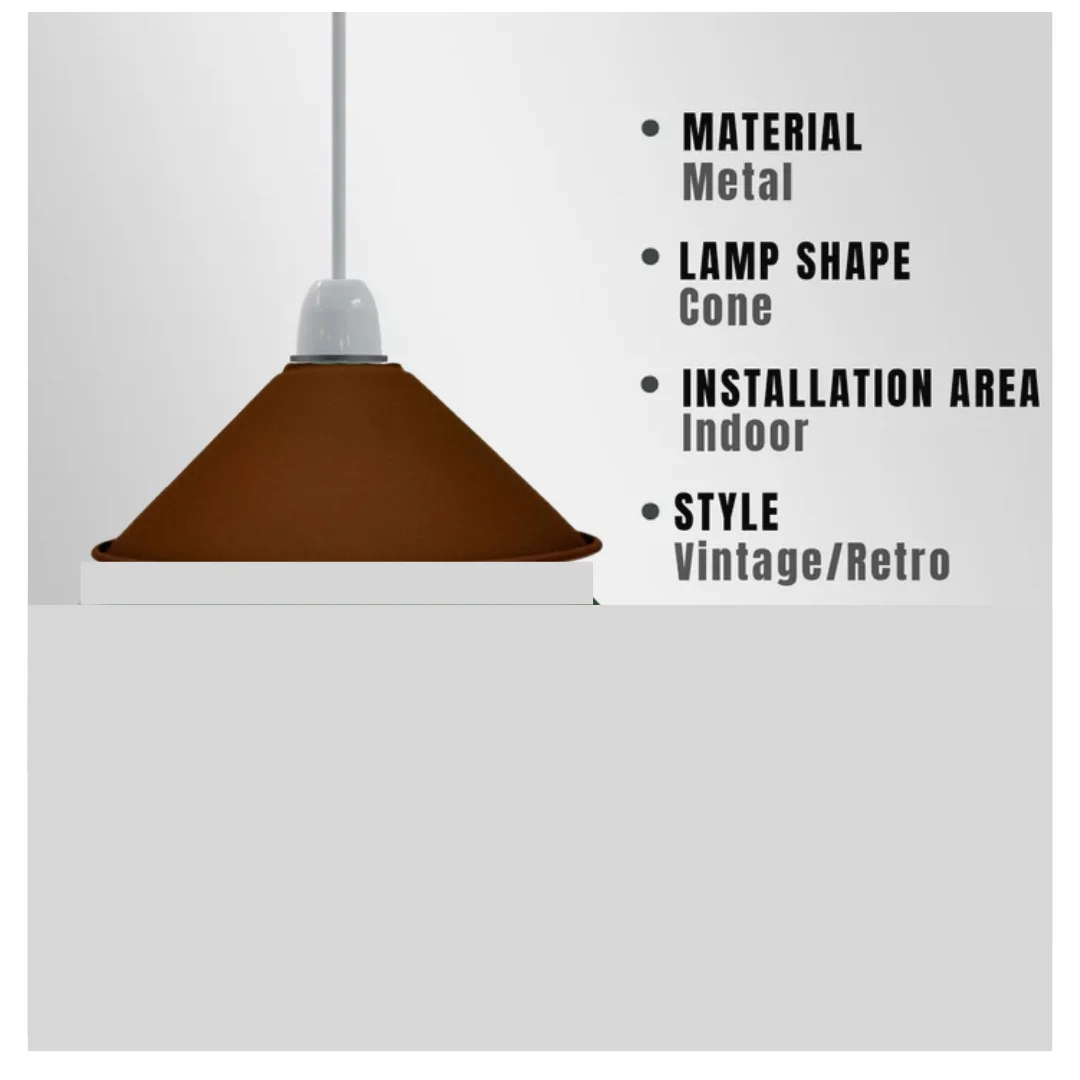 Brown metal lampshade in cone shape with industrial style, designed for easy fit on wall lights