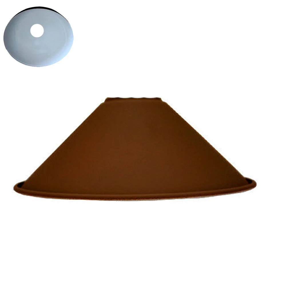 Brown cone-shaped industrial style lampshade made of iron, designed for easy fit and rustic home decor accents