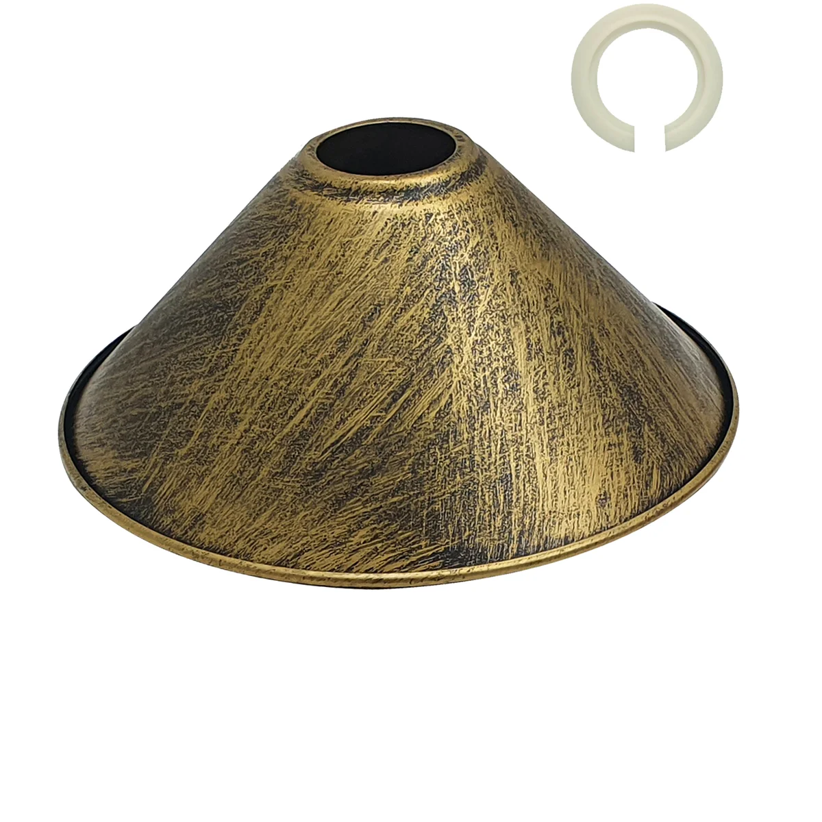 Brushed brass pendant lamp with cone-shaped metal shade, modern vintage industrial design, E27 bulb fitting, 22cm diameter