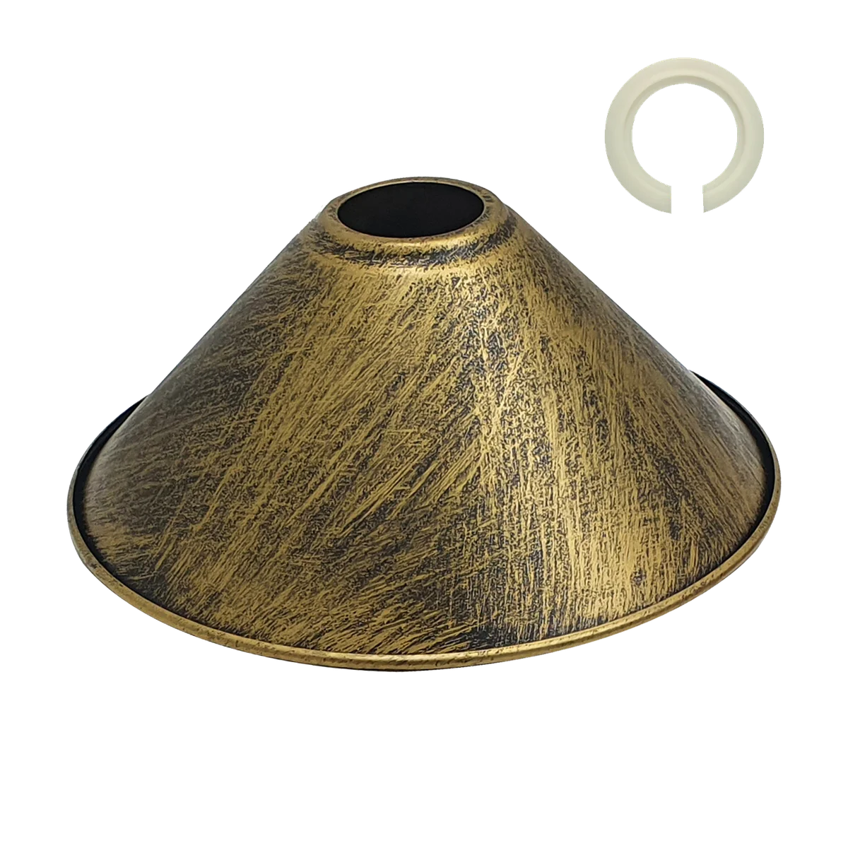 Brushed brass cone metal lampshade with vintage industrial design, 22cm diameter, suitable for E27 bulbs