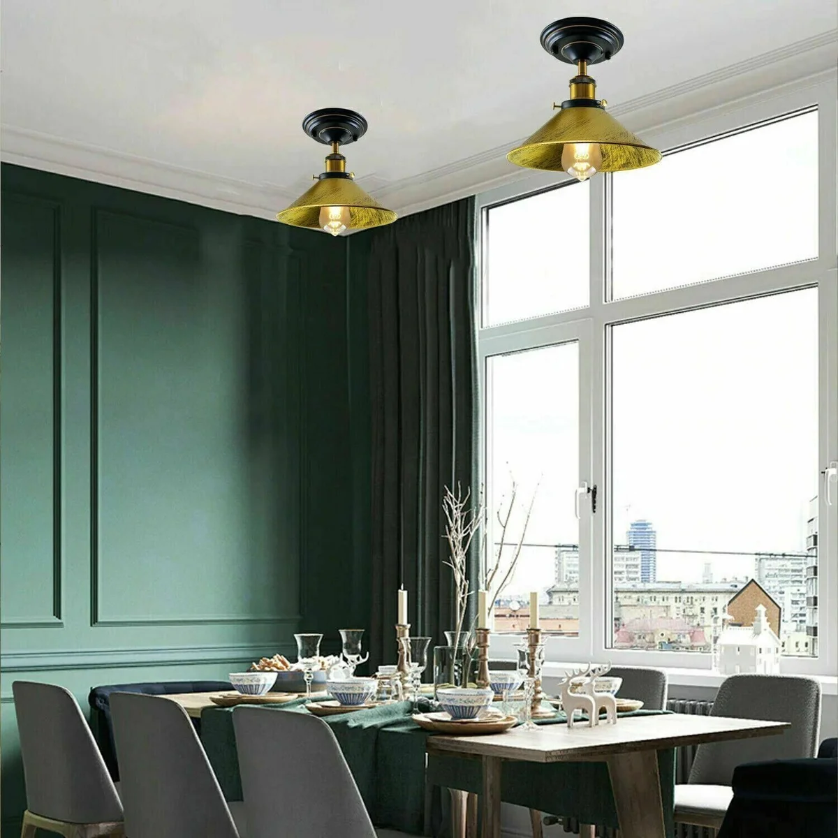 Brushed brass cone metal pendant lamp shade with E27 easy fit lampshade, modern vintage industrial style