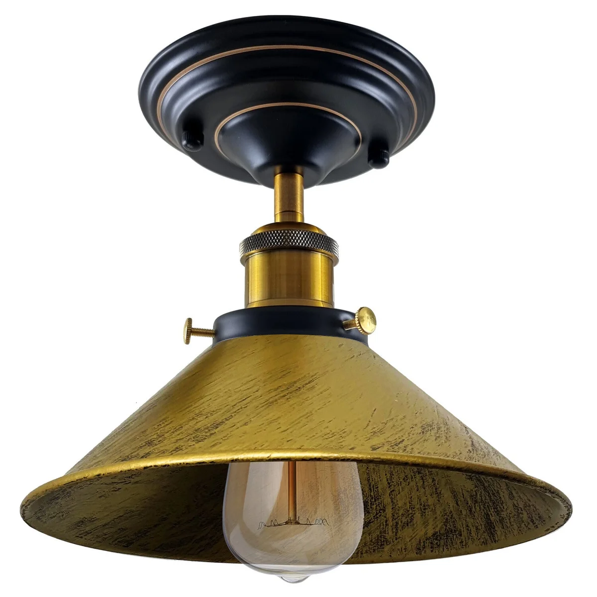Brushed brass vintage metal lamp shade with cone shape, suitable for E27 bulbs, shown hanging indoors