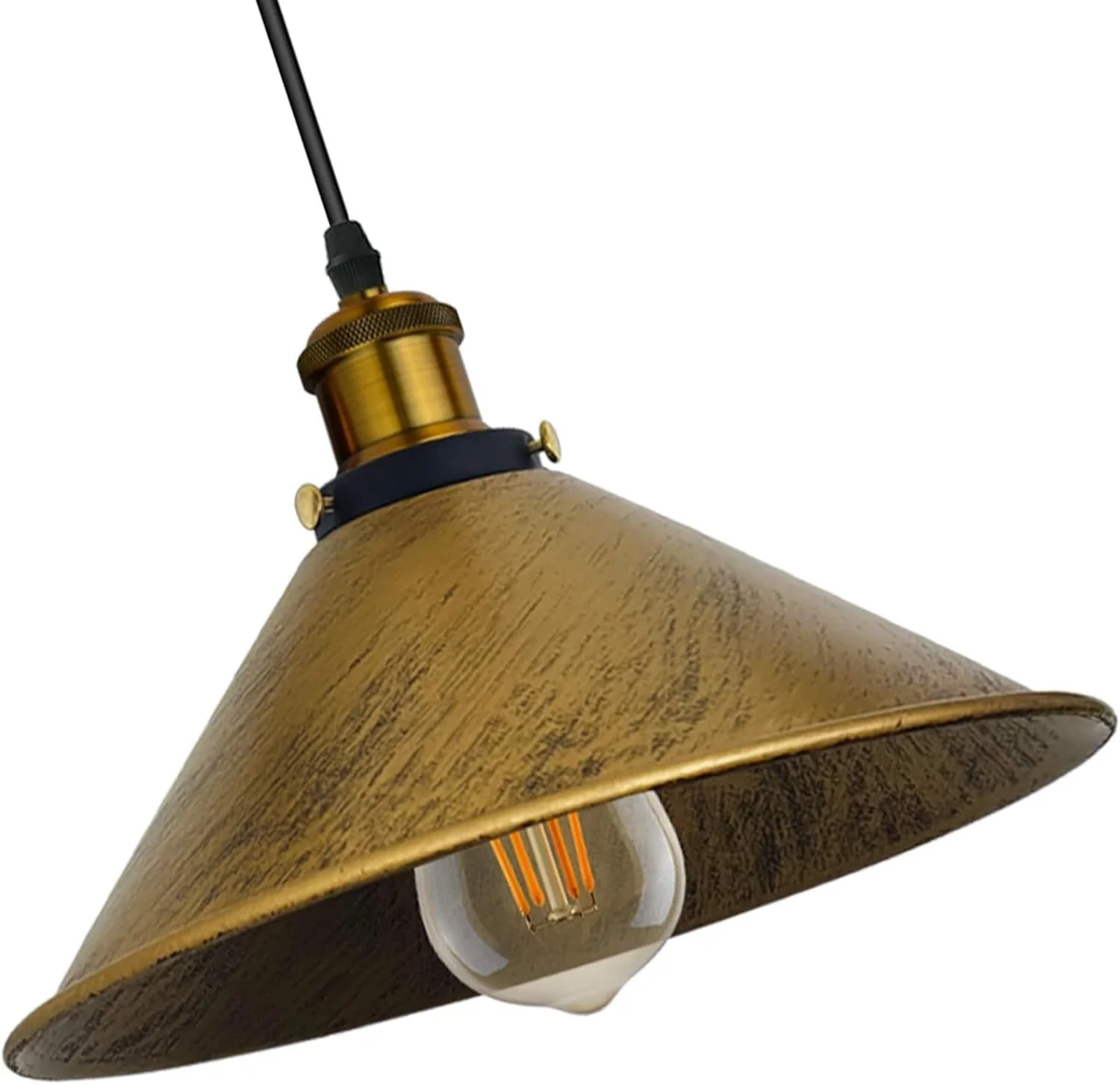 Brushed brass compact pendant light shade with cone shape, metal finish, suitable for E27 bulbs, 22 cm diameter.