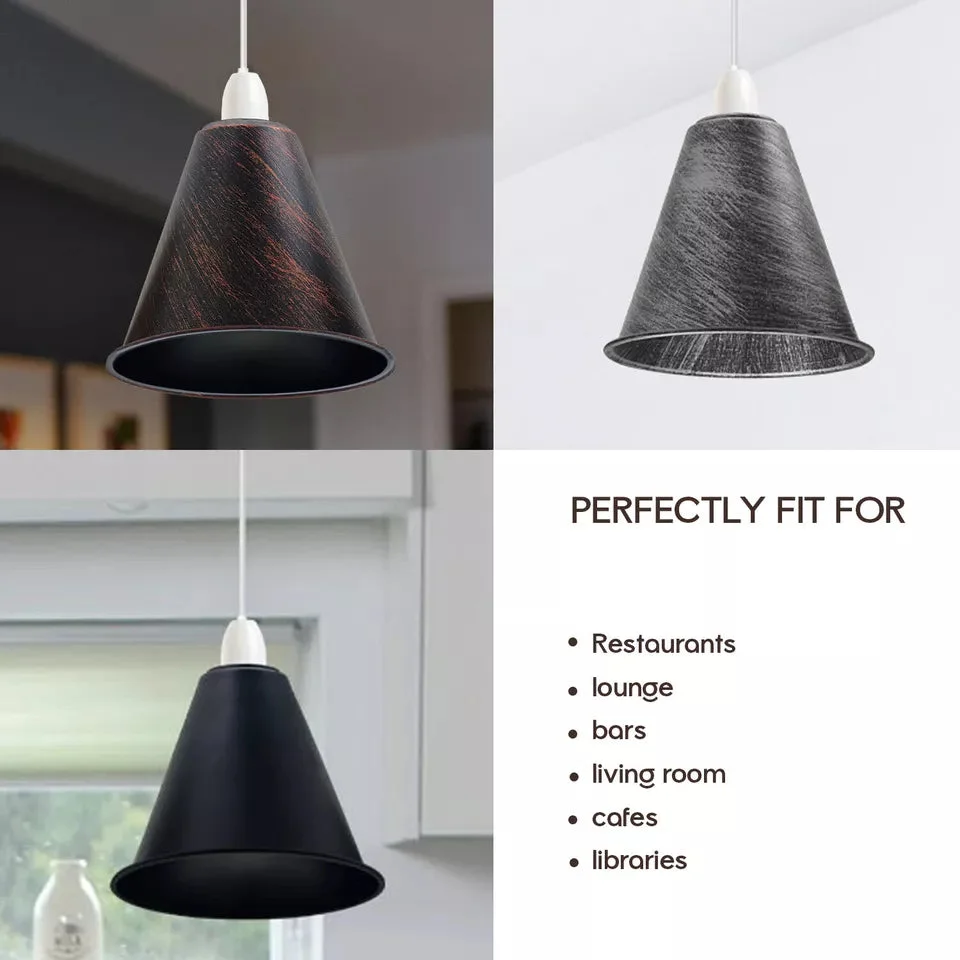 Black brushed metal light shade cone pendant with rustic brushed finish, easy fit for ceiling lighting in modern homes