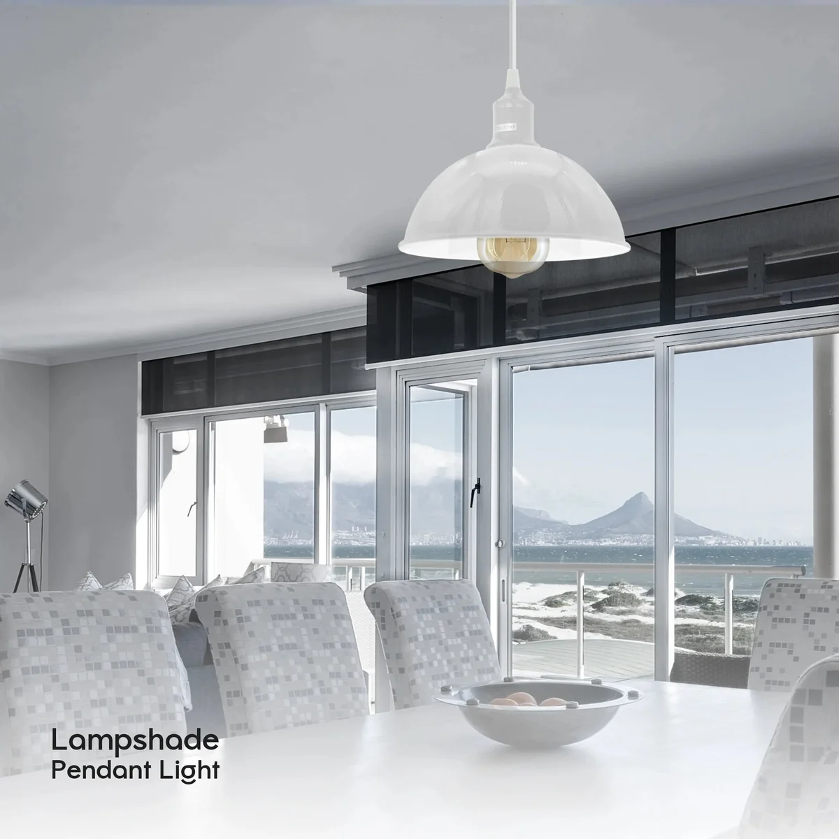 Modern industrial white metal E27 base pendant light with adjustable 95cm cable and sleek ceiling rose fixture