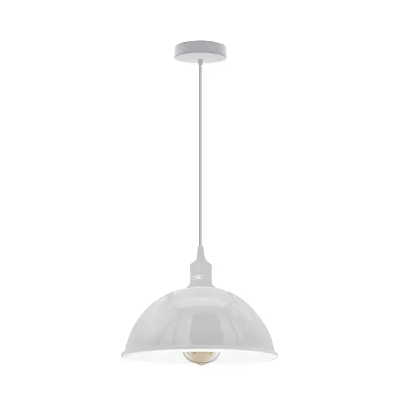 Modern white metal pendant light with adjustable 95cm cable, E27 base, shown hanging in a contemporary room setting