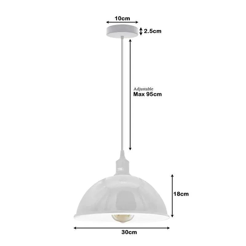 Modern industrial white metal pendant light with adjustable 95cm cable and E27 base, shown hanging in a contemporary room