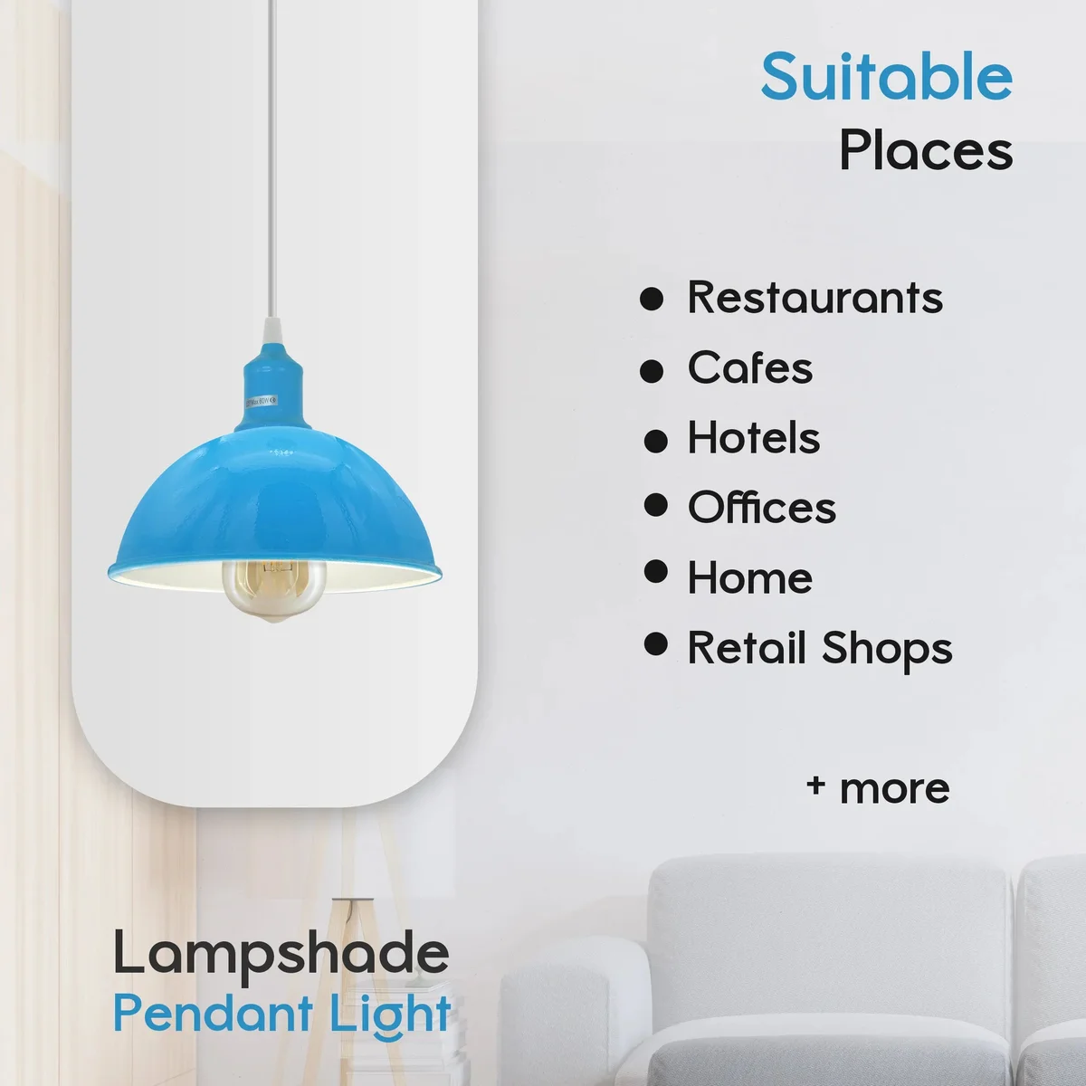 Modern industrial blue pendant lamp with metal shade and adjustable 95cm cable hanging from ceiling
