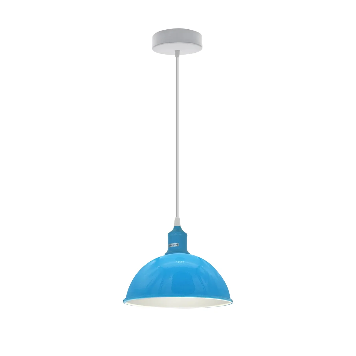 Modern industrial blue dimmable ceiling light with metal shade and adjustable 95cm cable hanging from sloped ceiling
