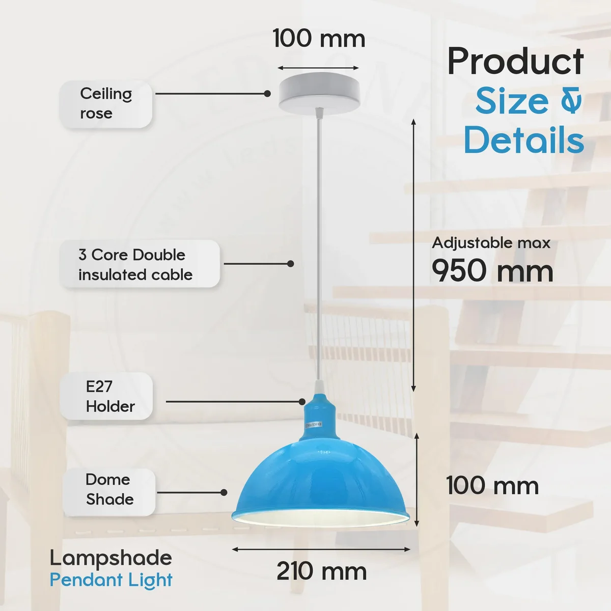 Modern industrial metal ceiling pendant light with blue shade and adjustable 95cm hanging cable for indoor use