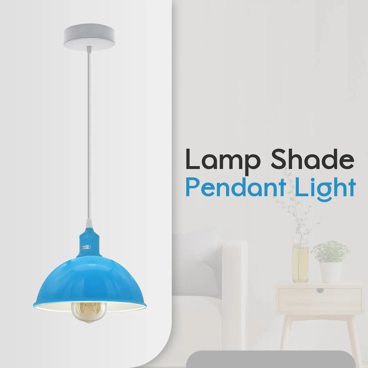 Modern industrial blue ceiling pendant light with metal shade and adjustable cord, compatible with E27 bulb pendant fitting