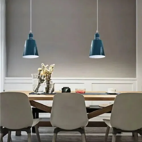 Vintage cyan blue metal dome pendant light with adjustable cable, suitable for sloped ceilings, E27 fitting