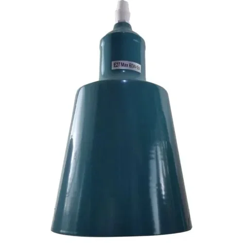 Vintage cyan blue pendant light with metal dome shade hanging from adjustable PVC cable against white background