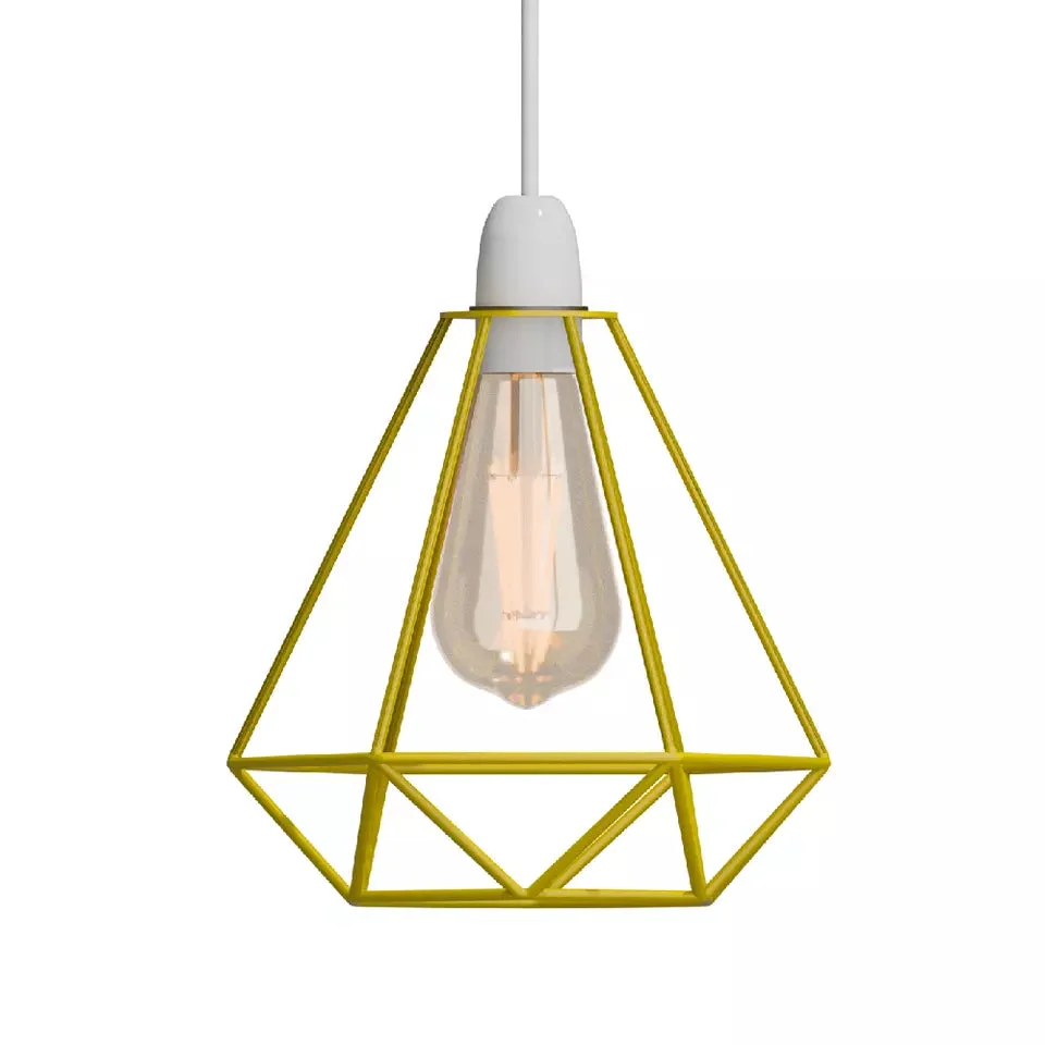 Yellow diamond-shaped metal wire cage pendant lamp shade in vibrant yellow, ideal industrial ceiling light fixture