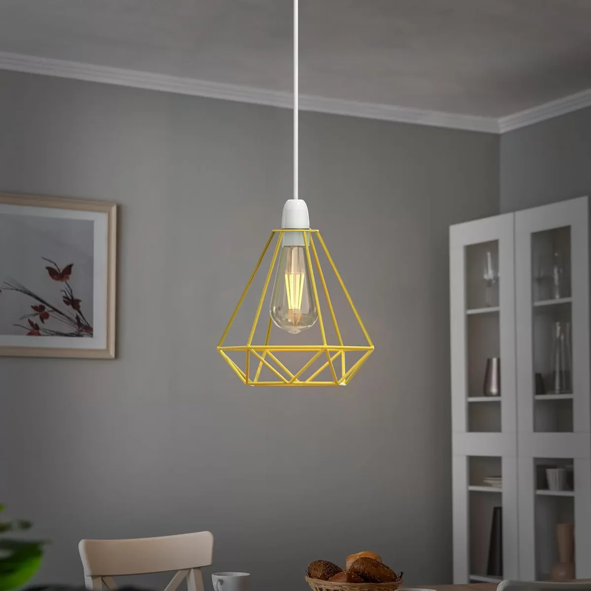 Yellow diamond wire cage pendant lampshade with open hole design, metal easy fit pendant lampshade for ceiling light