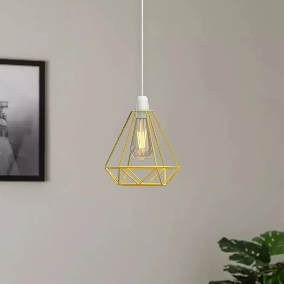 Yellow diamond-shaped modern wire cage lamp shade made of metal, showing open hole and reducer plate for ceiling light fixture