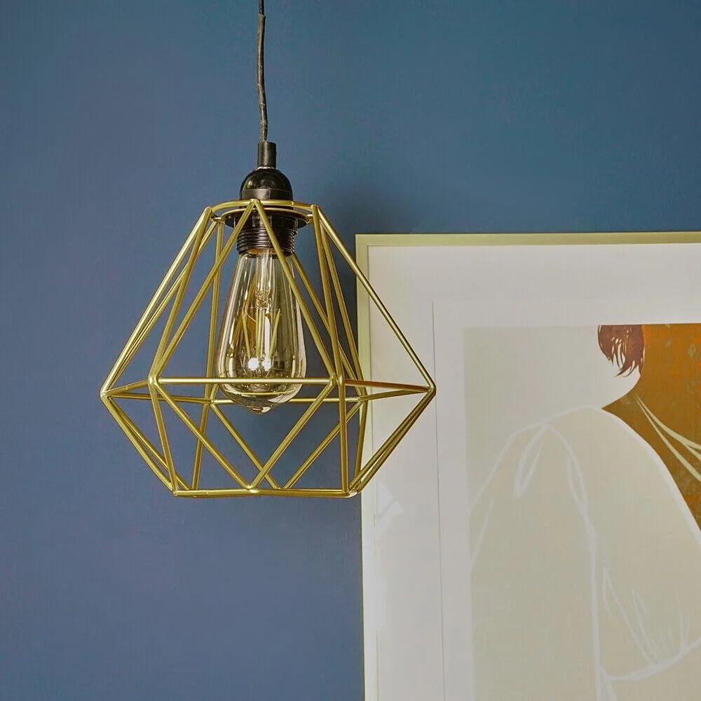 Yellow diamond pendant lamp with metal wire cage shade, 20cm square, ceiling mounted, vintage industrial style